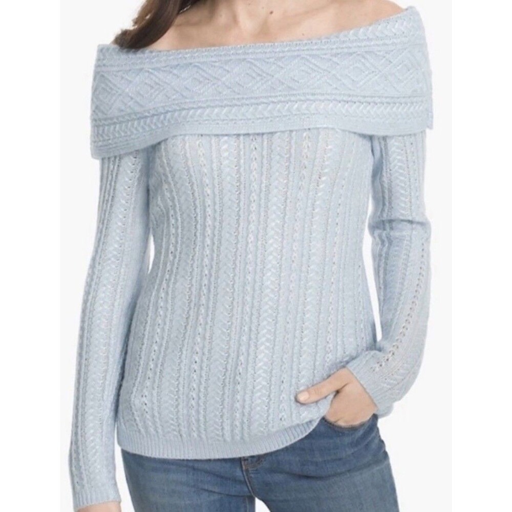 White House Black Market Off Shoulder Wool blend Sweater Metallic Knit Sz M
